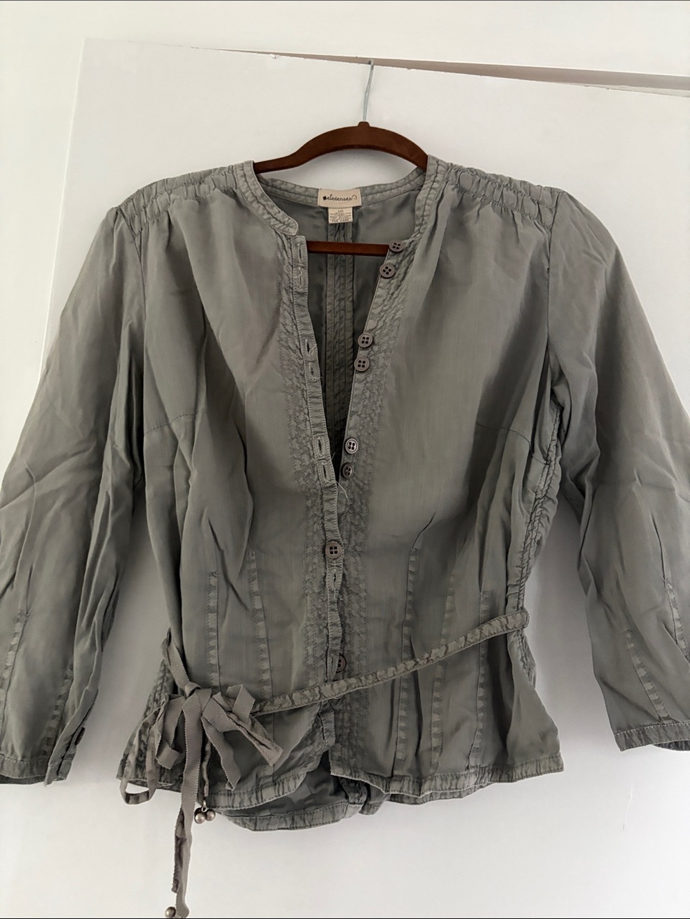 elevenses By Anthropologie Light Gray Button-Front Tie-Waist Blouse